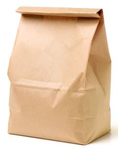 A brown paper bag with a handle on it.