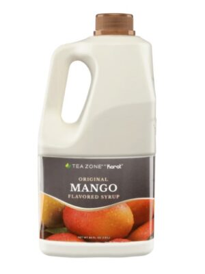 A bottle of mango flavored syrup.