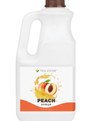 A gallon of peach syrup is shown.