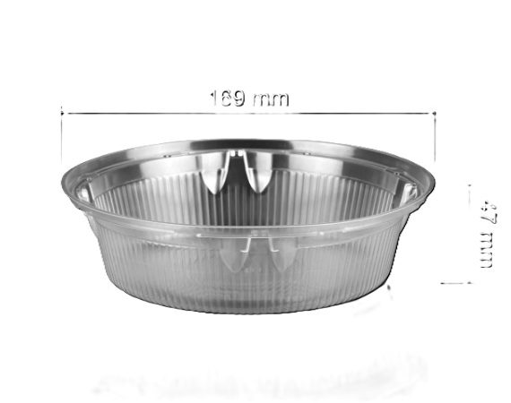 Clear round plastic container, 189mm diameter, 27mm height