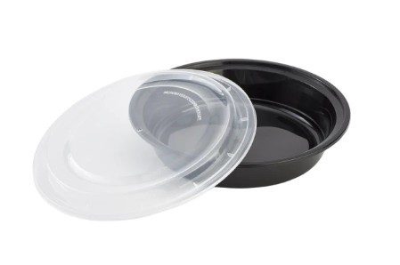 Round black plastic food container with clear lid