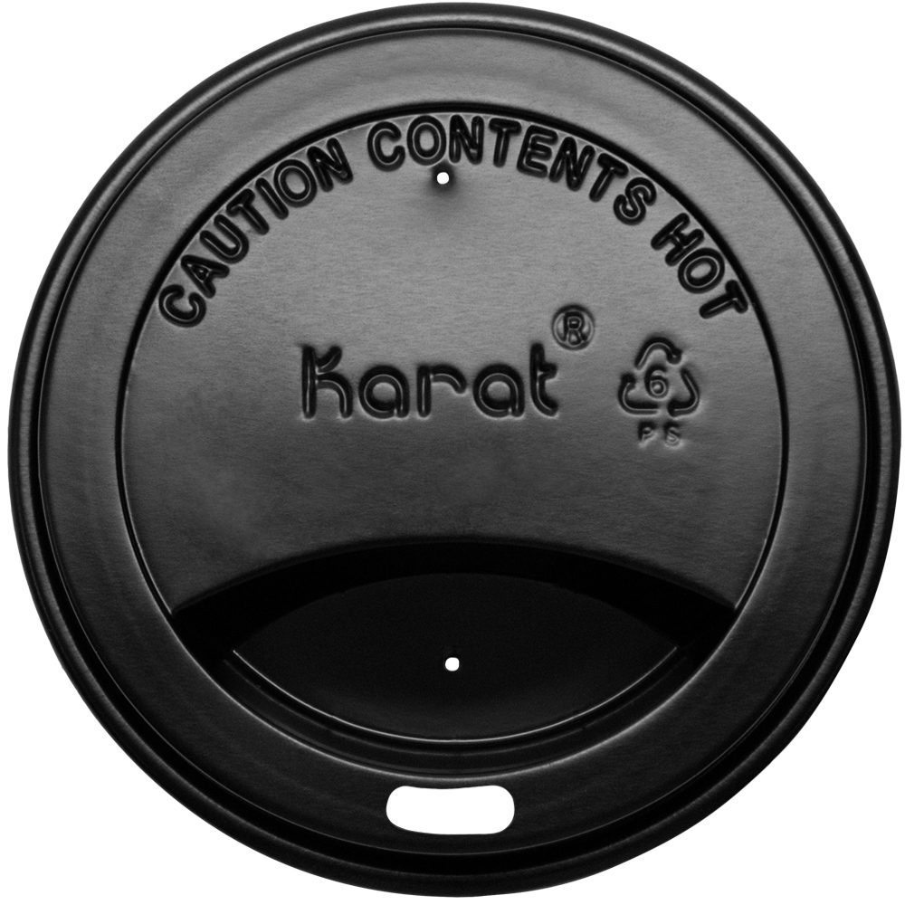 Black disposable coffee cup lid with warning