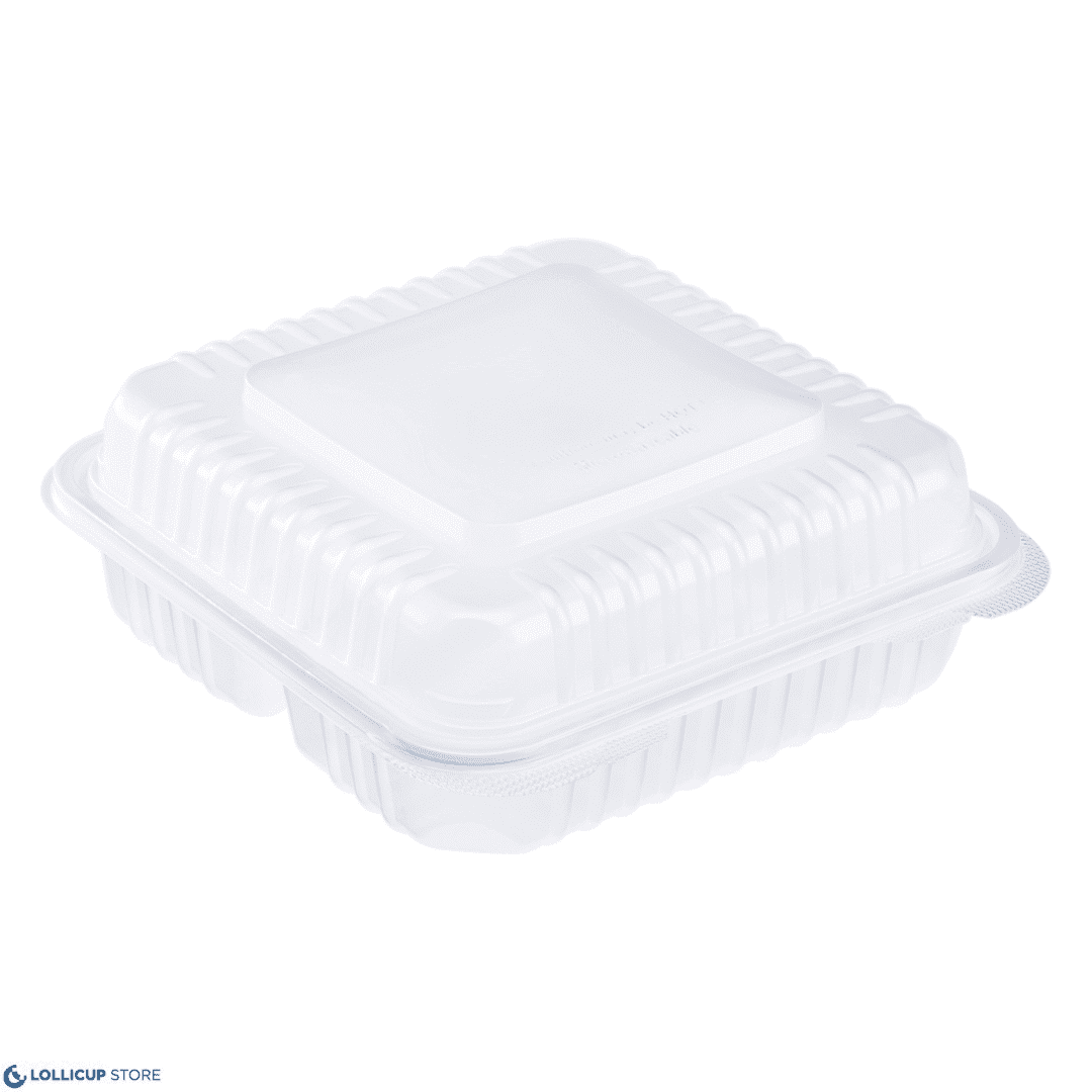 Closed white clamshell food container