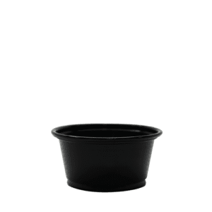 Empty black plastic condiment cup