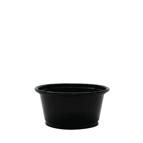 Empty black plastic condiment cup