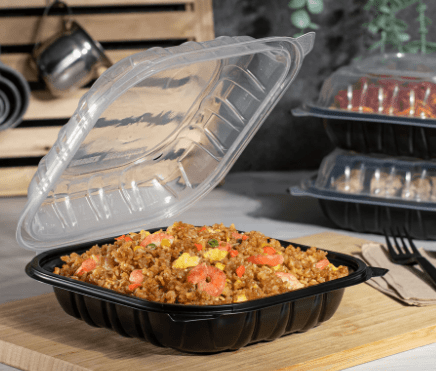 Takeout container with fried rice and vegetables