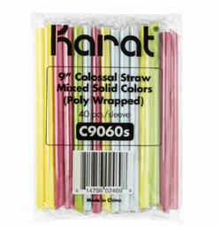 Package of multicolored plastic drinking straws