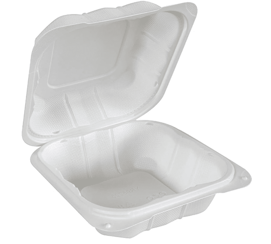 Angled open foam food container with textured interior